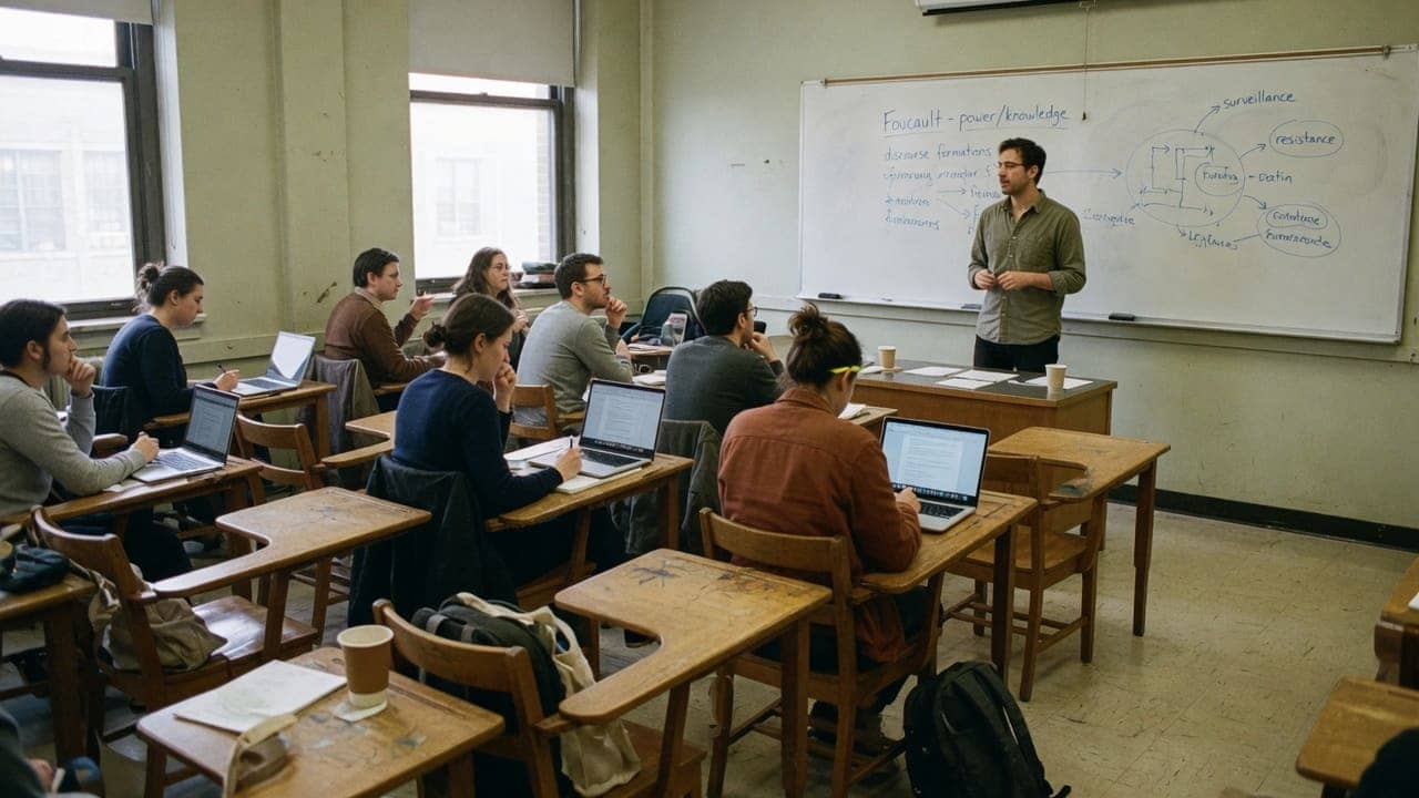 Adults in a university seminar room following a taught session
